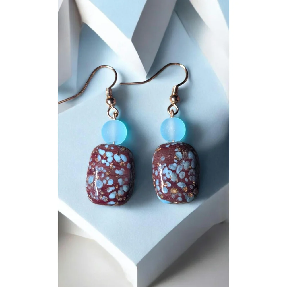 Blue & Brown Glass Dangle Earrings with Rose Gold Hooks Handmade Speckled Bead - Picture 1 of 8